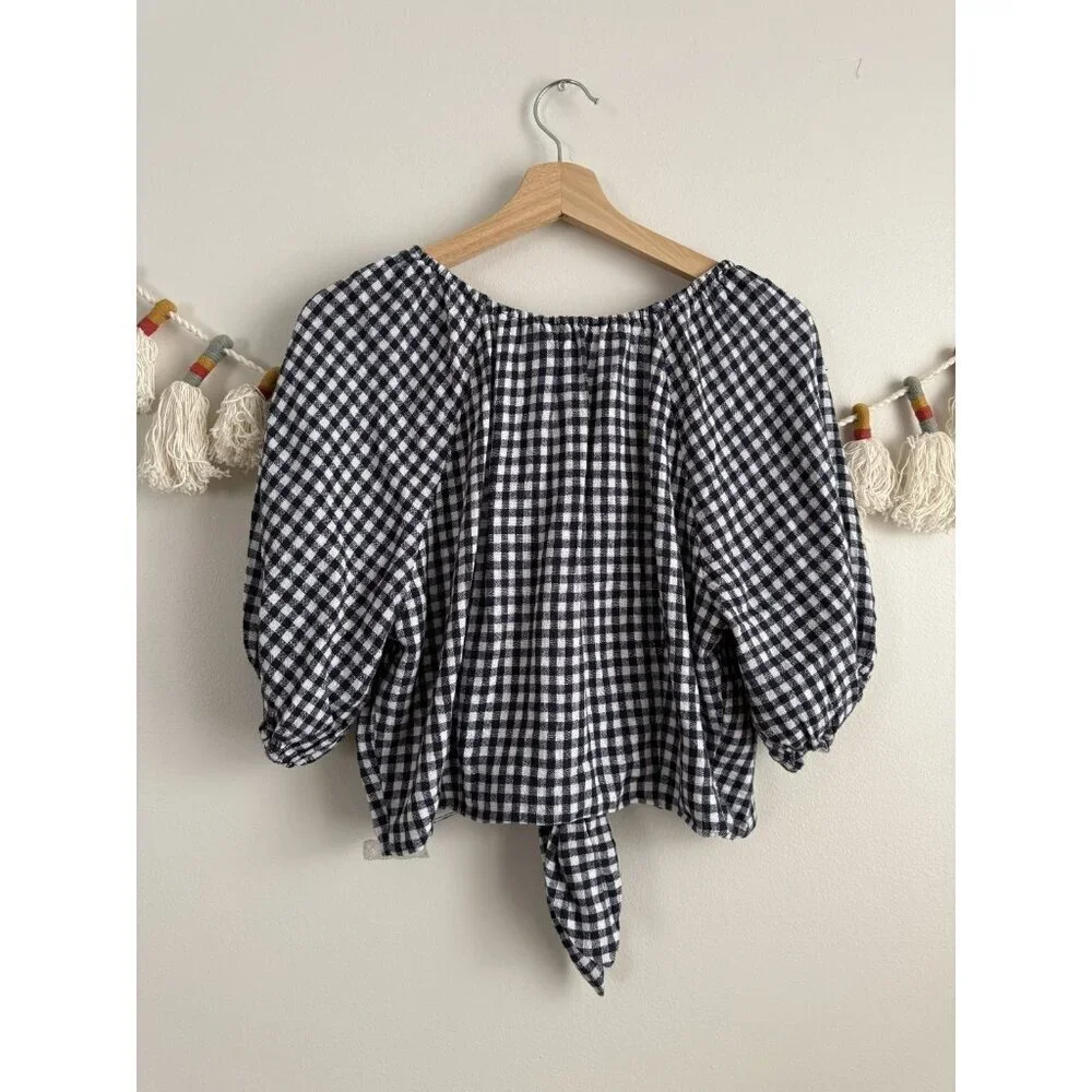Abercrombie & Fitch Linen Gingham Puff Sleeve Tie Front Crop Top Preppy Coquette
